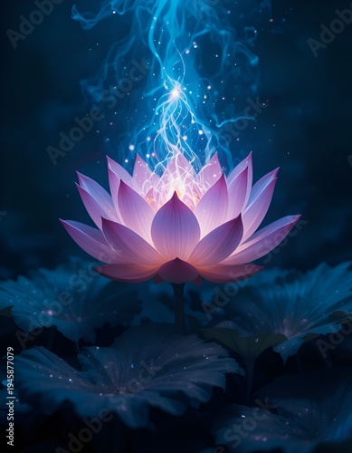 Glowing Lotus Blossom Emitting Magical Blue Energy for Spiritual Meditation and Mystical Healing Light