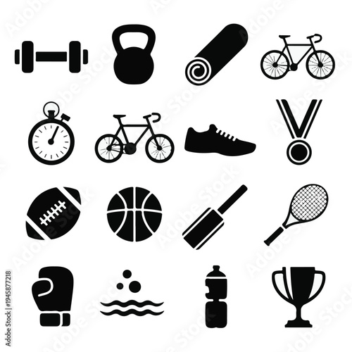 A collection of sports icons and equipment in a flat, minimalist design style
