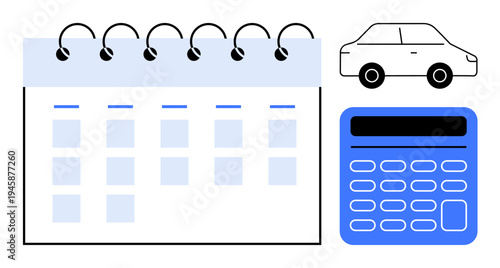 Car rental, financial planning, budget calculation, travel management, scheduling, decision-making. Spiral-bound calendar, car outline and a calculator. Car rental and financial planning concept