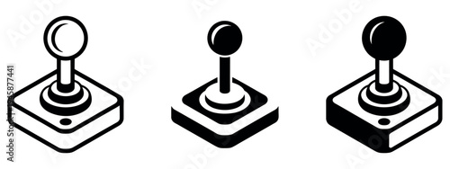 A collection of three retro-style joystick illustrations in line art, solid black, and silhouette styles on a white background, representing gaming.