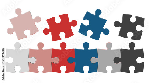 An arrangement of colorful puzzle pieces is displayed against a stark white background showcasing various shades and interlocking potential high quality professional detailed modern elegant stylish