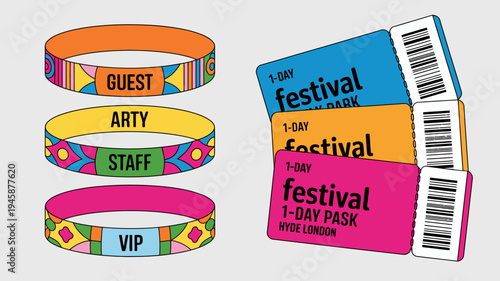 A colorful assortment of festival wristbands and tickets are displayed indicating guest staff arty and vip access levels high quality professional detailed modern elegant stylish clean