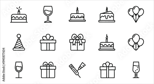 Set of birthday and celebration line icons including cakes gifts balloons and party hats Vector