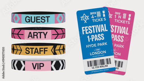 A collection of colorful wristbands and festival passes are displayed labeled with various access levels like guest vip and staff high quality professional detailed modern elegant