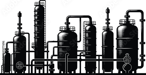 Industrial chemical plant vector illustration, refinery process design, petrochemical engineering artwork, 
