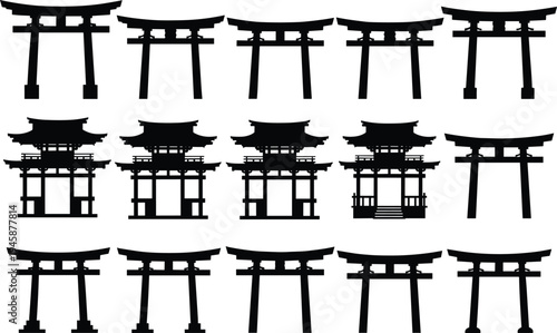 Japanese architecture silhouettes vector illustration, black and white torii gates and pagoda buildings, traditional cultural design artwork, religious shrine structures, heritage concept composition