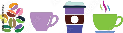 Colorful Coffee Beans with Silhouettes of Coffee Cups and Mugs