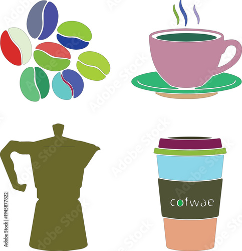 Colorful Coffee Beans Cups and Moka Pot Silhouettes