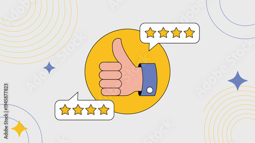 An illustration depicts a hand giving a thumbs up sign with star ratings displayed in speech bubbles symbolizing positive feedback high quality professional detailed modern elegant
