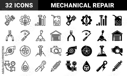 Automotive Engineering and Mechanical Repair Symbols Merging Car Parts with Industrial Tools and Performance Metaphors in Outline and Solid Styles