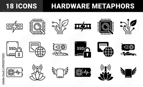 Hybrid computer hardware and performance metaphors featuring memory with lightning bolts ssd with wings and cpu under magnifying glass