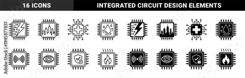 Collection of hybrid integrated circuit icons merging microchip processor frames with symbols for energy medicine urban infrastructure and security