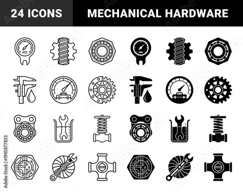 Mechanical Engineering and Industrial Hardware Icons featuring Hybrid Designs of Gauges Calipers Bearings and Plumbing Valves in Outline and Solid Styles