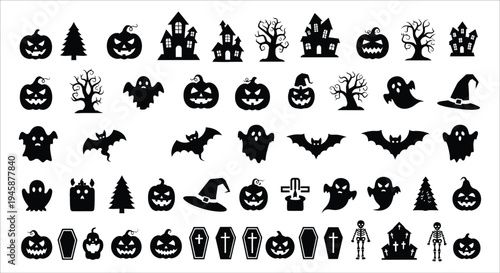Collection of various black halloween silhouettes including pumpkins ghosts bats and haunted houses Vector