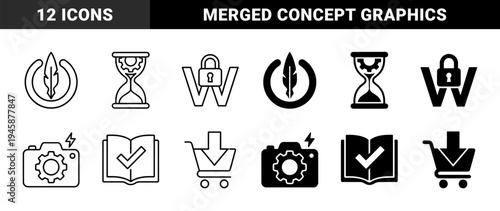 Hybrid Conceptual Symbols Combining Quill Pens With Power Buttons Hourglass Gears Padlock Letters Cameras And Shopping Carts In Outline And Solid Styles