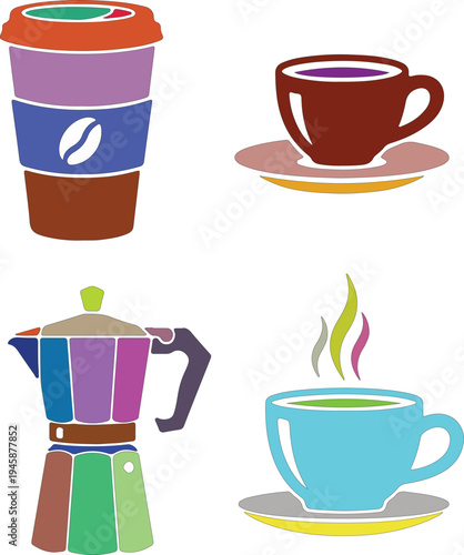 Colorful of Coffee Cups and Coffee Maker colorful coffee cups