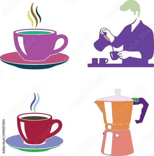 Colorful Silhouette of Coffee Cups Moka Pot and Person Drinking