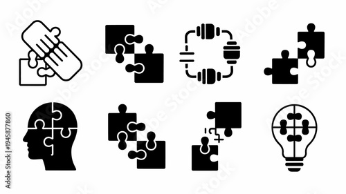 A collection of black and white puzzle piece icons illustrating connection problem solving and the human mind high quality professional detailed modern elegant stylish clean crisp