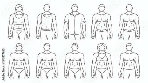A collection of simplistic line drawn figures depicting diverse body types and silhouettes for both male and female representations high quality professional detailed modern elegant stylish