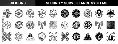 Hybrid security and tactical surveillance symbols merging radar tracking with weather phenomena and biometric fingerprint data with topographic mapping