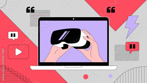 A modern illustration depicts a laptop displaying a virtual reality headset being held by a hand suggesting immersive technology high quality professional detailed elegant stylish clean