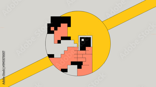 A pixelated face resembling a minecraft character is centered within a yellow circle intersected by a diagonal stripe high quality professional detailed modern elegant stylish clean