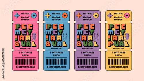 Four colorful festival tickets for feel marual at hyde park london on june 6th each with different color schemes high quality professional detailed modern elegant stylish