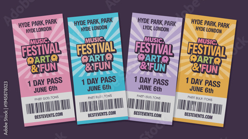 Four colorful hyde park festival tickets are displayed each indicating a one day pass for june 6th promoting music art and fun high quality professional detailed
