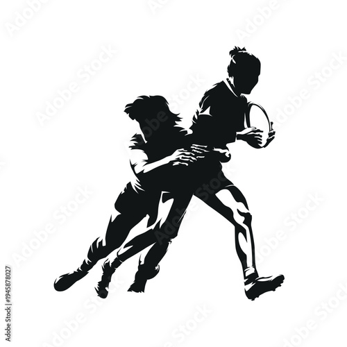 Vector silhouette of women playing rugby. One female player running with the ball while another player tackles her from behind. Dynamic sports illustration capturing action, women's rugby.