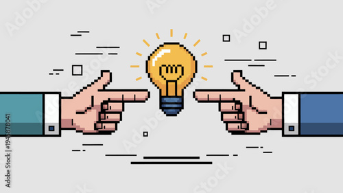 A pixelated illustration shows two hands pointing towards a glowing lightbulb representing a collaborative idea or innovative solution high quality professional detailed modern elegant stylish clean
