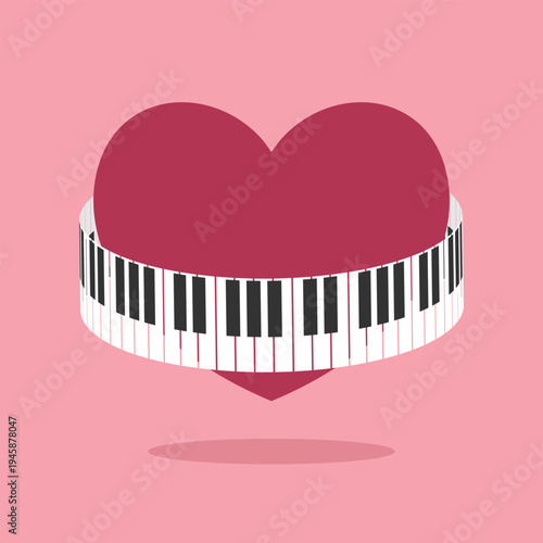 Heart in circle of piano keys. Music emblem symbol. Vector illustration