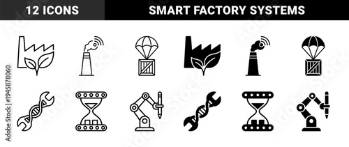 Hybrid Industrial and Scientific Line Icons Merging Factory Chimneys with Wireless Signals DNA Strands with Wrenches and Hourglass Conveyor Belts
