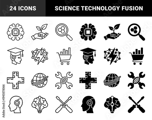 Hybrid conceptual icons merging artificial intelligence with biology and industry featuring brain microchips dna wrenches and plant growth hands