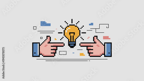 A pixel art illustration depicts two hands pointing at a glowing lightbulb symbolizing a bright idea or innovative concept high quality professional detailed modern elegant stylish