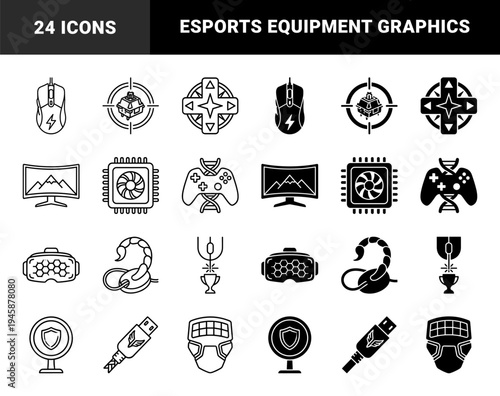 Hybrid gaming and esports technology icons featuring mechanical switches in crosshairs DNA controllers and futuristic peripheral hardware designs
