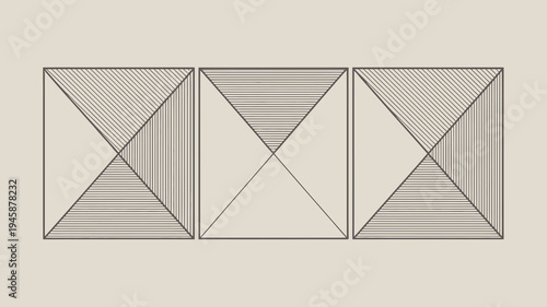 A minimalist composition features three square panels each divided diagonally with dense parallel lines creating a geometric pattern high quality professional detailed modern elegant stylish clean
