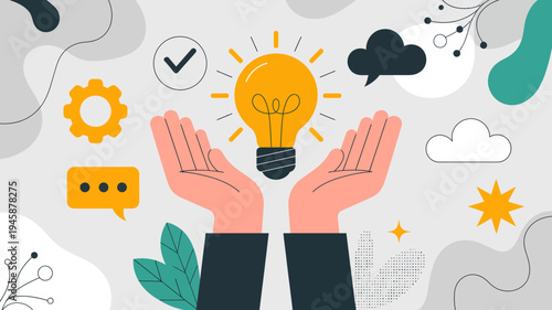 An illustration depicts hands cradling a glowing lightbulb symbolizing the nurturing of new ideas and innovative thinking high quality professional detailed modern elegant stylish clean crisp