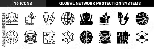 Hybrid security and data infrastructure icons featuring router shields green energy servers biometric globes neural circuit brains and locked database storage