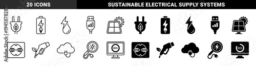 Sustainable energy hybrid icons merging electrical plugs with leaves solar panels with sun and fuel nozzles with organic foliage for green power