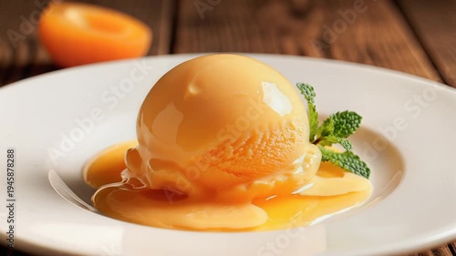 Close up of a single scoop of orange ice cream on a white plate