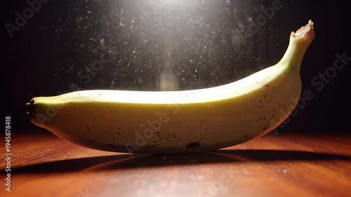 Close up of a yellow banana illuminated on a wooden surface with particle effects
