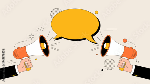 Two red and white megaphones are facing each other appearing to project sound towards a large yellow speech bubble high quality professional detailed modern elegant stylish