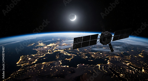 A satellite orbits Earth at night, with city lights illuminating the continents and a crescent moon in the dark sky.
