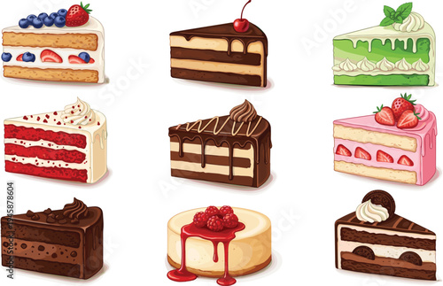 Assorted cake slices collection chocolate strawberry cheesecake and cream desserts bakery flat vector illustration set isolated