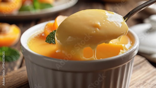 Close up of apricot dessert in a white ramekin with fresh mint garnish