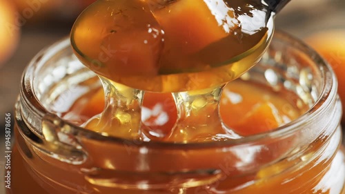 Close up of apricot jam in glass jar with spoon for culinary use