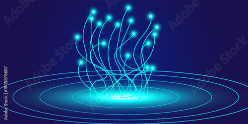 Digital Tree Network Concept Futuristic Global Data Connection and High Speed Fiber Optic Transfer. Big Data, and Artificial Intelligence (AI) Infrastructure Visualization vector design concepts.