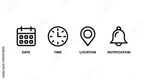 A minimalist graphic displays four line art icons representing date time location and notification each with a corresponding label high quality professional detailed modern elegant stylish
