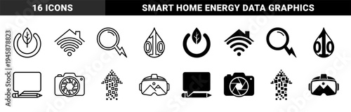 Hybrid conceptual symbols merging natural elements with digital technology including leaf power buttons and binary water drops in outline and solid styles