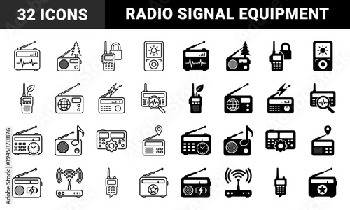 Monochrome radio and communication hybrid icons featuring integrated symbols like trees leaves locks globes gears and musical notes in dual styles